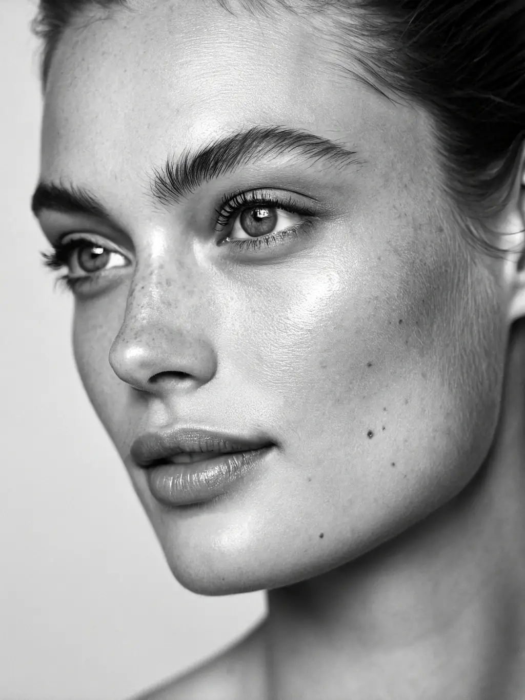 A close-up of a patient's face showing smooth forehead and eye area after botulinum injections, in black and white, minimalist style.