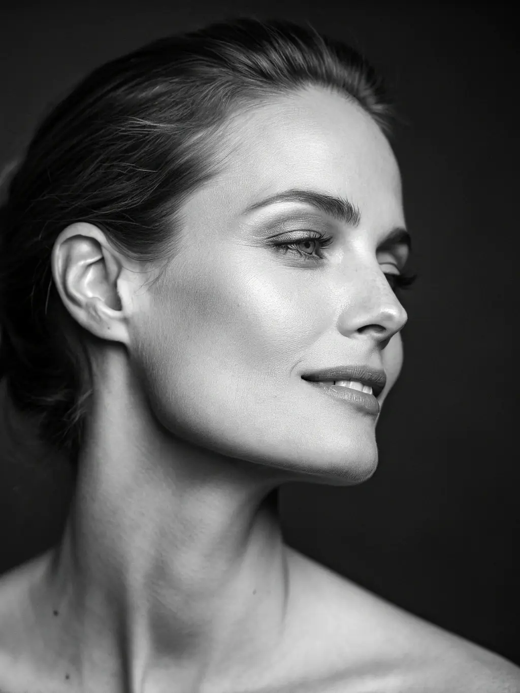Profile view of a patient with subtly enhanced lips and defined facial contours, in black and white, minimalist style.